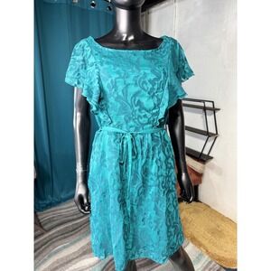 Moulinette Soeurs anthropologie Teal Lace Overlay Flutter Sleeve 14 dress